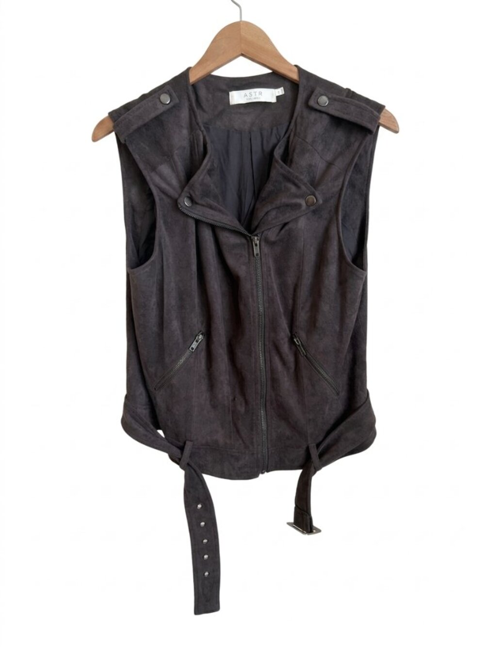 ASTR The Label Faux Suede Moto Vest M Charcoal Gray Belted Zip Biker Grunge